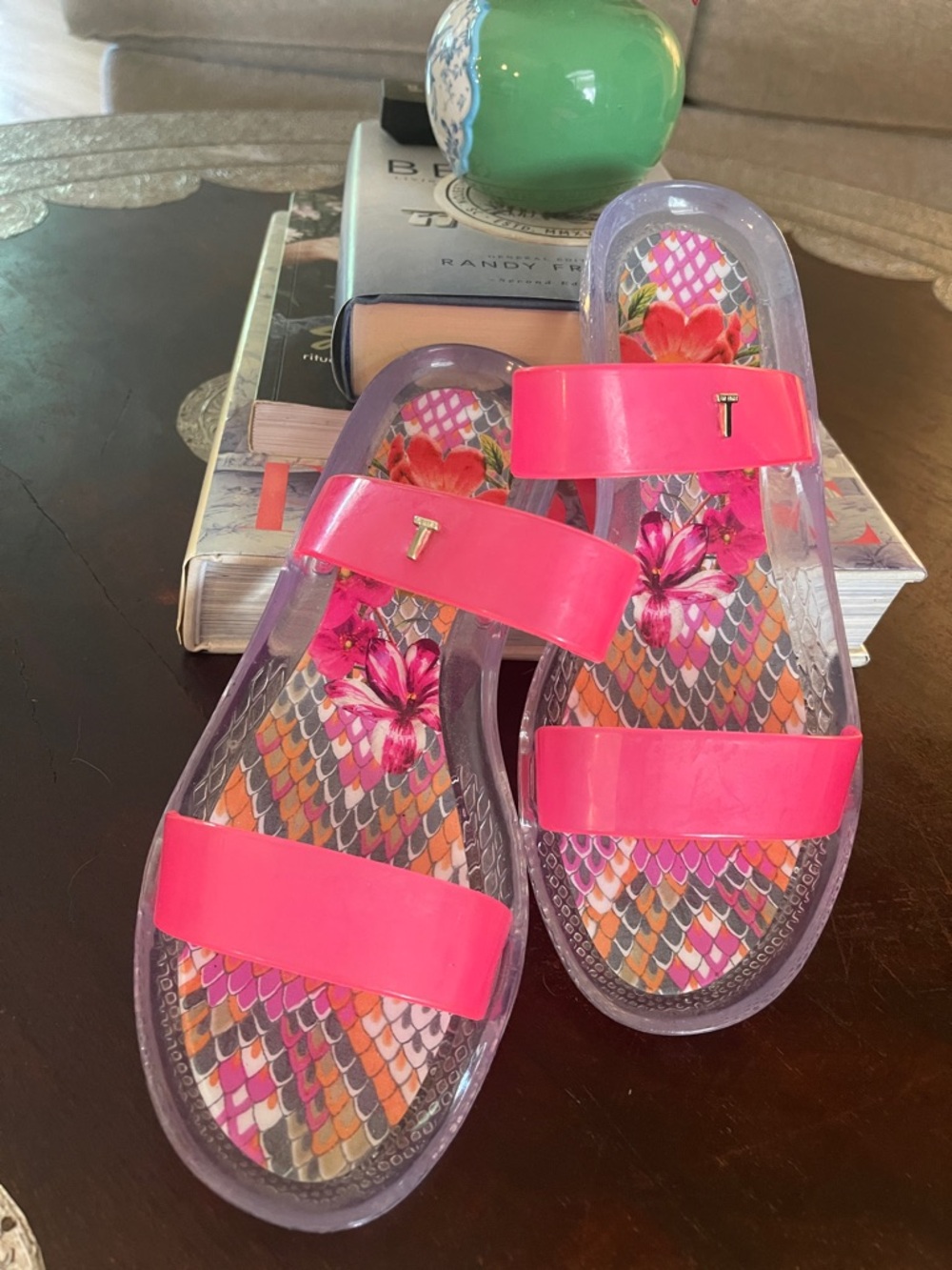 Ted Baker London Hot Pink Jelly Slide Sandals with Floral Snake Print Insole
